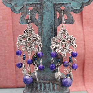 Purple Beaded Twirl Chandelier Dangle Earrings